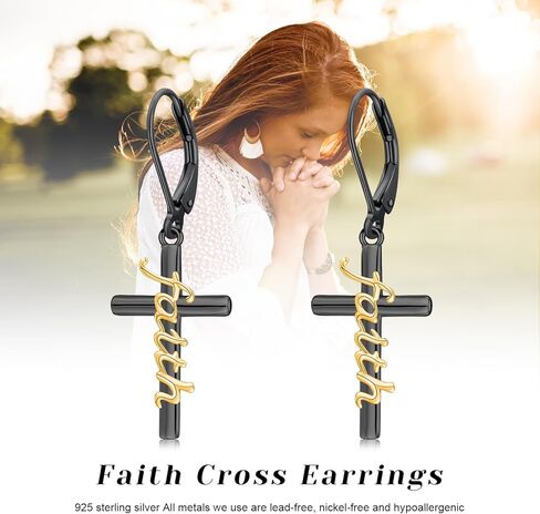 Midir&Etain Cross Earrings 925 Sterling Silver Gold Black Christian Faith Dangle Earrings Christian Religious Jewelry Christmas Gift for Women in Kuwait