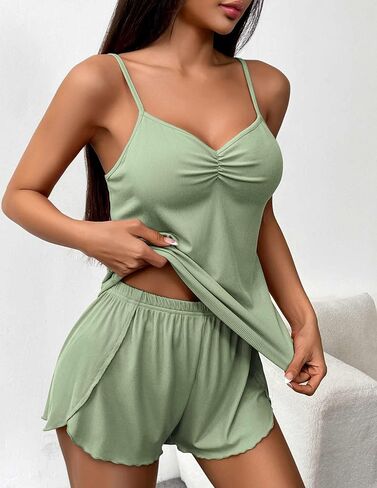 Ekouaer Womens Cami Pajama يضعان 2 قطعة مضلعة متماسكة الملابس الداخلية أعلى دبابة وسروال شورت Camisole PJS ملابس النوم in Saudi Arabia