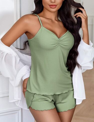 Ekouaer Womens Cami Pajama يضعان 2 قطعة مضلعة متماسكة الملابس الداخلية أعلى دبابة وسروال شورت Camisole PJS ملابس النوم in Saudi Arabia