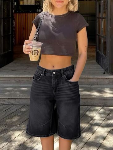 Cicy Bell Womens Summer Wide Leg Denim Shorts Casual Loose Mid Rise Jorts Bermuda Knee Length Jeans Shorts in Saudi Arabia