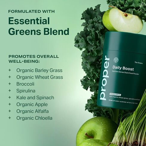 Proper, The Greens Daily Boost Organic Greens Powder. Whole Food, Apple Flavor Veggie Powder Superfood with Wheatgrass, Spirulina, Chlorella, Probiotics. Daily Drink Mix for Wellness and Digestion in Saudi Arabia