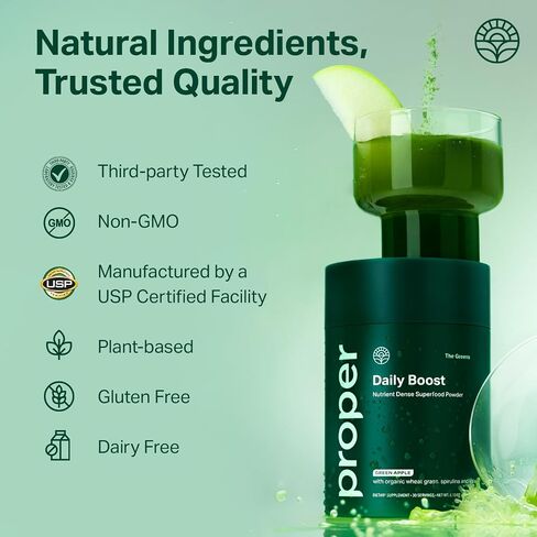 Proper, The Greens Daily Boost Organic Greens Powder. Whole Food, Apple Flavor Veggie Powder Superfood with Wheatgrass, Spirulina, Chlorella, Probiotics. Daily Drink Mix for Wellness and Digestion in Saudi Arabia