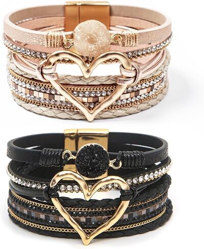 2Pcs Leather Wrap Bracelets for Women, Layered Heart Bracelet with Clasp, Multilayer Stack Boho Wrap Bracelets for Women in Saudi Arabia