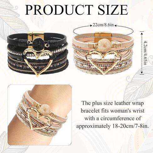 2Pcs Leather Wrap Bracelets for Women, Layered Heart Bracelet with Clasp, Multilayer Stack Boho Wrap Bracelets for Women in Saudi Arabia