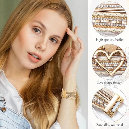 2Pcs Leather Wrap Bracelets for Women, Layered Heart Bracelet with Clasp, Multilayer Stack Boho Wrap Bracelets for Women in Saudi Arabia