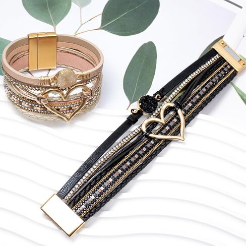 2Pcs Leather Wrap Bracelets for Women, Layered Heart Bracelet with Clasp, Multilayer Stack Boho Wrap Bracelets for Women in Saudi Arabia