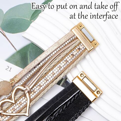 2Pcs Leather Wrap Bracelets for Women, Layered Heart Bracelet with Clasp, Multilayer Stack Boho Wrap Bracelets for Women in Saudi Arabia