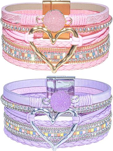 2Pcs Leather Wrap Bracelets for Women, Layered Heart Bracelet with Clasp, Multilayer Stack Boho Wrap Bracelets for Women in Saudi Arabia