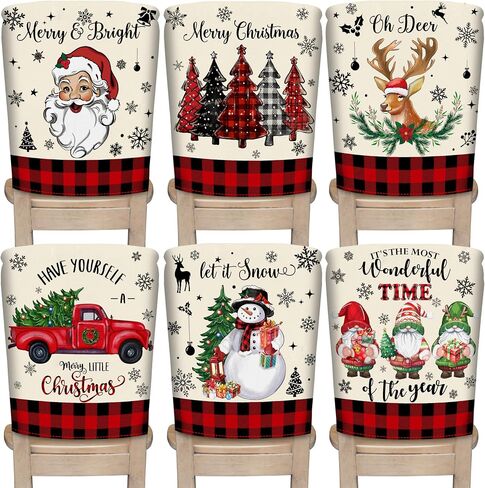 TREWAVE Christmas Chair Covers Set of 6 Buffalo Plaid Chair Back Covers Holiday Dining Chair Slipcovers Linen Chair Protector Kitchen Dining Room Decor Festival Party Decoration in Kuwait