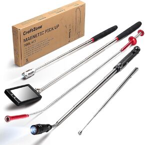 5-Piece Magnetic Pickup Tool Kit - Great Gift for Mechanics - Auto Repair & DIY - Find Nuts/Bolts/Screws - Includes 1lb & 10lb Telescoping Magnets - 360°Mirror & LED Light for Workshop Use