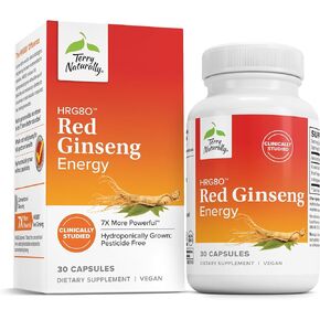 Terry Naturally HRG80 Red Ginseng Energy - Supplement to Support Healthy Energy & Focus - Herbal Supplement with Korean Red Ginseng Root Powder - Vegan Tablets to Aid Healthy Endurance - 30 Capsules