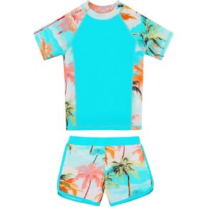Girls Rash Guard Swimsuit Two Piece Bathing Suit UPF 50+ Sun Proction Short Sleeve Summer Beach Swimwear Size 5-14 Years