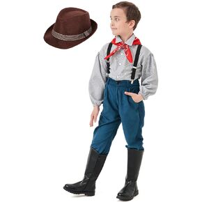 Kids Pioneer Pantset Boys Villager Long Sleeve Top and Overalls Hat Colonial Shirt