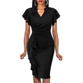Mokayee Womens Summer Ruffle Sleeve V Neck Business Casual Professional Office Church Cocktail Work Pencil Dresses
