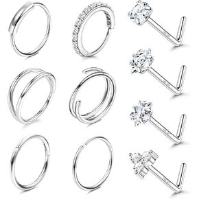 MILACOLATO 14K Gold Filled Nose Ring Studs 20G Nose Ring Hoops Hypoallergenic 316L Surgical Stainless Steel Nose Rings L Shaped CZ Nose Nostril Piercing Jewelry for Women Men 10Pcs