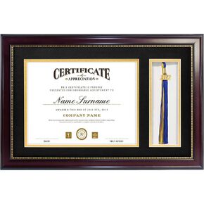GraduatePro 11x22 دبلوم إطار صورة مع حامل شرابة لـ 8.5x11 وثيقة/شهادة و 5 × 7 صورة ، حافة الذهب الماهوغوني مع حصيرة مزدوجة (أسود فوق الذهب) ، مربع الظل بالورابة والزجاج الحقيقي