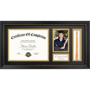 11x22 Diploma Frame with Tassel Holder, Graduate Frame for 8.5x11 Certificate Document and 4x6 Photo, Linen Texture Black over Gold Double Mats, HD Real Glass, Black with Gold Beads Frame