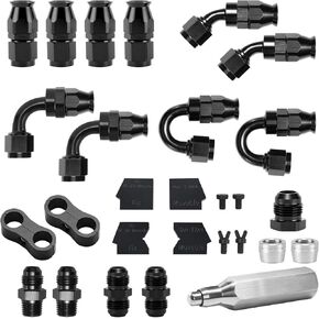 6AN PTFE Hose End Fittings Kit, 0/45/90/180 Degree Fittings with Quick-Disconnect Adapters, Hose Separator Clamps, AN Wrench Protectors & PTFE Hose Assemby Tool For LS Swap EFI System
