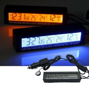 Car Auto Thermometer Temperature Voltmeter Gauge 12V/24V Voltage Meter Monitor LCD Digital Display Clock with Cigarette Lighter Car Charger