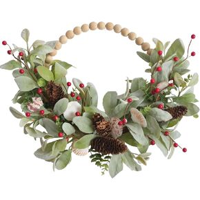 Green Wreath for Front Door, Wood Bead Wreaths with Artificial Lambs Ears Leaves, Hello and Welcome Door Sign Wreath for Home Decor, Spring Summer Green Leaf for Wedding Decor