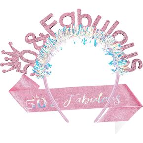 AOPRIE 50 & Fabulous Birthday Sash for Women Birthday Tiara & Crowns Headbands for Girls Happy Birthday Accessories Favor Supllies Pink, 2 Pack