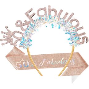 AOPRIE 50 & Fabulous Birthday Sash for Women Birthday Tiara & Crowns Headbands for Girls Happy Birthday Accessories Favor Supllies Rose Gold, 2 Pack