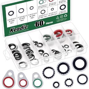 Keadic 60 PCS 9 Sizes A/C System Compressor Gasket Seals Air Conditioning Compressor Port Seal Washer Kit, AC Port Seal Washer Kit,O-Rings Repairs Automotive Self-Centered Bonded Sealing Washers