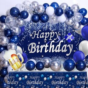 Navy Blue Birthday Decorations, Happy Birthday Decorations for Men Women- Blue Photography Backdrop & Tablecloth Balloons Arch Kit Banner Birthday Party Supplies Beer Bday Decor with Table Cover