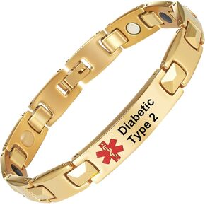 Medical Id Alert Bracelets For Women, 8.1''Pure Titanium Steel Gold Bracelet Suitable For Type 2 Diabetes, With Adjustment Tool
