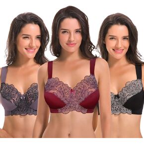 Curve Muse Plus Size Unlined Minimizer Wirefree Bras with Embroidery Lace-3Pack