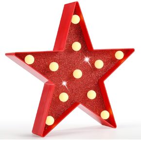 Pooqla Star Marquee Lights, Glitter LED Marquee, Red Light Up Star - Battery Powered Night Light for Birthday Party, Wedding, Christmas Decoration