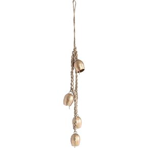 The Wooden Town Four Bells Cluster on Rope, Wrought Iron Bell Chime Handmade Rustic Gold Finish Wall Hanging Rope 4 Bell