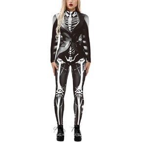 Women's Costume Bodysuits Halloween Cosplay Long Sleeve Jumpsuit Printed Skeleton Suit uniform Romper