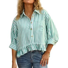 CHYRII Womens Summer Tops Dressy Casual Blouse Top Ruffled Short Sleeve Button Down Striped Shirt