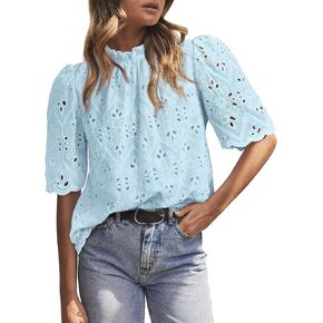 PRETTYGARDEN Womens Summer Tops 2025 Trendy Short Sleeve Eyelet Embroidered Dressy Casual Blouse Shirts