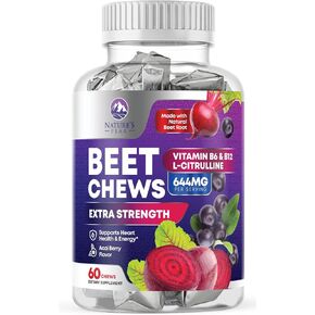 Beets Chews - Beet Root Gummies for Nitric Oxide Support, Superfood Beets Powder Soft Heart Chews, Grape Seed Extract & Non-GMO Beetroot Energy Supplement Supports Heart Health & Energy, 60 Soft Chews