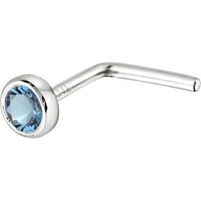 Solid 14K Gold L-Shape Stud Bezel Set Aquamarine 22G L-Bend Nose Stud - 14K White Gold / 14K Yellow Gold March Birthstone Nose Ring Stud