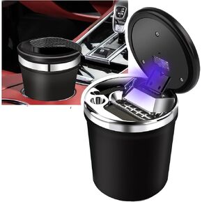 Car Ashtray Smell Proof with Lid,Smokeless Ashtray for Car cup holder with Carbon Fiber Pattern, Portable Ash Tray Ceramic Inner Wall with LED, Men's Gift for Travel, RV,Outdoor,Home