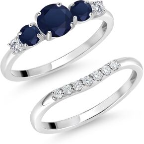Gem Stone King 10K White Gold Blue Sapphire and White Lab Grown Diamond 5 Stone Bridal Engagement Wedding Ring Set For Women (1.01 Cttw, Round: 5MM and 3MM, Available in Size 5,6,7,8,9)