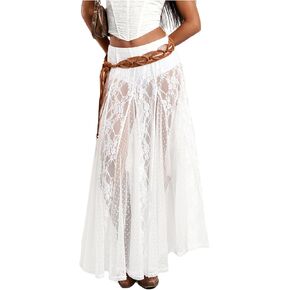 WDIRARA Women's Sexy See Through Sheer Lace Maxi Skirt Low Waist Ruffle Hem A Line Flowy Skirt