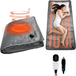 Car Electric Heating Blanket 12 Volt 72 Watts Sleeping Bag Heated Liner Portable Heated Mat for Car Truck SUV RV Camping Underblanket 9 Heat Setting 2/8/12H Timer Setting Machine Washable (63x59inch)