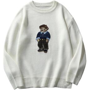 SHENHE Men's Oversized Crew Neck Cute Bear Sweater Vintage Unisex Preppy Sweater Jumper