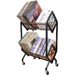 Vinyl Record Storage Rack, 2 Tier Record Organizer with Wheels, 200 LP Albums Storage Rack Shelf, Metal Records Display Shelf Organizer for Magazines, Books, Office Files, Black