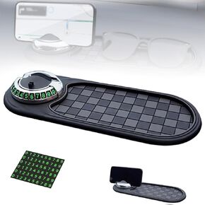 Multifunction Car Anti-Slip Mat Auto Universal Phone Holder, Rotatable Anti Skid Car Dashboard Pad with Temporary Parking Numbe for Phones, Sunglasses, Keys, Gadgets (Gray Silver)
