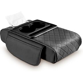 Car Armrest Cover Pad, 5-in-1 Center Console Cover with Cup Holder, Memory Foam Elbow Pad, Tissue Box Slot, Mobile Phone Storage Slot, Suitable for Most Car Center Console Storage Boxes (Black)