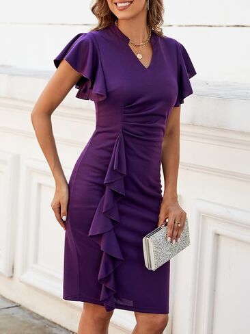 Mokayee Womens Summer Ruffle Sleeve V Neck Business Casual Professional Office Church Cocktail Work Pencil Dresses in Saudi Arabia
