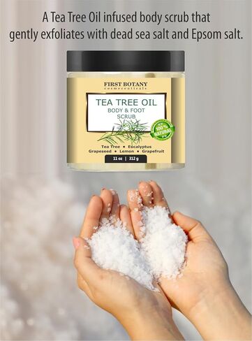 First Botany 100% Natural Tea Tree Oil Body & Foot Scrub with Salt - Best for Acne, Dandruff and Warts, Corns, Calluses, Athlete foot, Jock Itch & Body Odor in Saudi Arabia