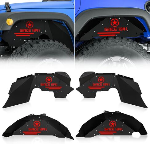 لـ Wrangler JK بطانات الرفارف الداخلية الأمامية والخلفية واقيات الطين الخلفية المتوافقة مع أبواب 2007-2018 Jeep Wrangler JK & JKU 2/4، غطاء جيد لعجلة شعار النجمة البيضاء المائلة بطانات مضيئة (4 قطع) in Kuwait