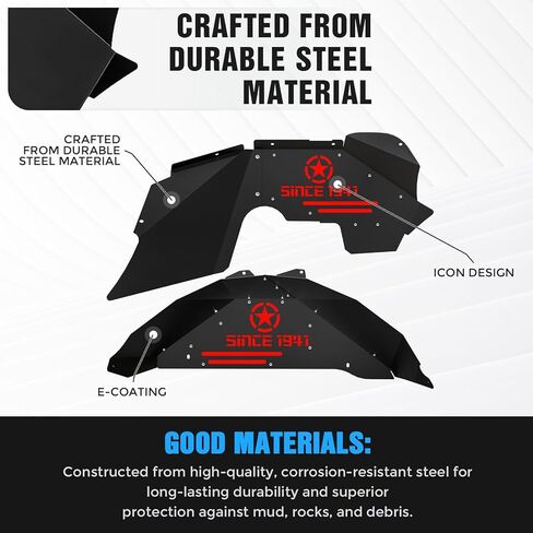 لـ Wrangler JK بطانات الرفارف الداخلية الأمامية والخلفية واقيات الطين الخلفية المتوافقة مع أبواب 2007-2018 Jeep Wrangler JK & JKU 2/4، غطاء جيد لعجلة شعار النجمة البيضاء المائلة بطانات مضيئة (4 قطع) in Kuwait