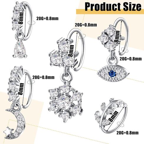 junkin 20 pcs حل حلقات الأنف للنساء ، 20 جرام من الذهب/الفضة دانقة خاتم الأنف طوق متدلي بالمجوهرات الثقب للنساء in Saudi Arabia